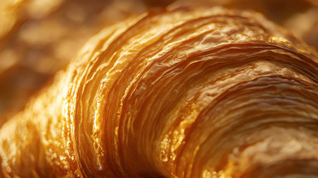 A close-up image showcasing the golden, flaky layers of a freshly baked croissant. Perfect for food-related projects, this pastry is a symbol of indulgence.の素材