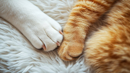 Two adorable cats, one orange and one white, gently hold paws on a soft fur surface, showcasing their loving bond and tender connection in a cozy setting.の素材
