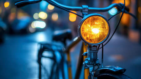 A close-up view of a bicycle with a glowing headlight, set against a vibrant urban street at night. The warm illumination contrasts with the evening backdrop, capturing the essence of city life.の素材