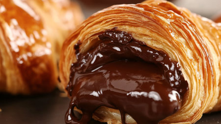 A close-up view of a decadent chocolate-filled croissant, showcasing its flaky layers and rich, gooey chocolate center, perfect for breakfast or dessert.の素材