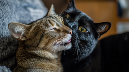 Two cats share a tender moment, showcasing their affectionate bond and playful nature. A heartwarming scene of companionship and relaxation.の素材