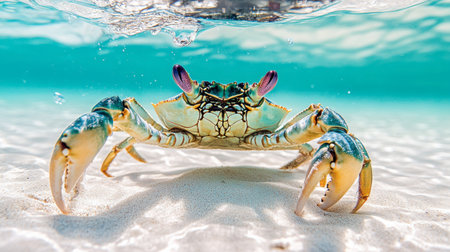 A stunning crab gracefully swims in clear ocean water, showcasing its vibrant colors against a sandy backdrop, reflecting the beauty of marine life.の素材