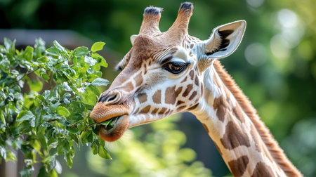 A close-up shot of a giraffe munching on fresh green leaves, showcasing its unique spotted coat and serene demeanor in its natural habitat.の素材