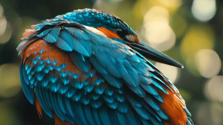 A close-up view of a vibrant bird's feathers showcasing intricate details and rich colors, capturing the beauty of wildlife in a serene, natural setting.の素材