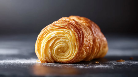 A beautifully baked croissant with golden, flaky layers, set against a dark background. Perfect for showcasing breakfast or pastry-themed content.の素材