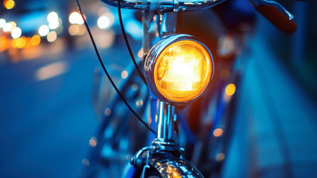 A close-up image of a bicycle headlight shining brightly on a city street at dusk, highlighting safety and modern transportation in an urban environment.の素材