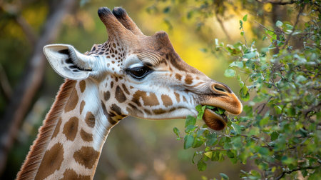 A close-up portrait of a giraffe feeding on lush green leaves, showcasing its unique patterns and tranquil nature in a vibrant, natural habitat.の素材