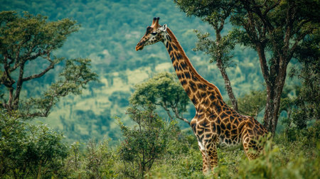 A stunning portrait of a giraffe gracefully standing amidst lush green foliage in its natural habitat, showcasing the beauty of wildlife in a tranquil landscape.の素材