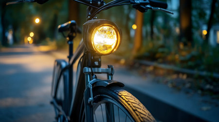 Close-up of an urban bicycle with a glowing headlight parked in a serene park at night, surrounded by soft street lights and nature's tranquility.の素材
