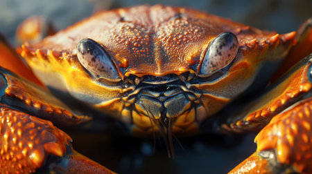 A detailed close-up of a vibrant orange crab showcasing its unique textures and colors, set against a natural background, capturing marine wildlife.の素材