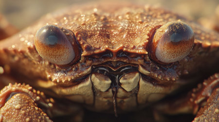 This close-up image captures the intricate details of a brown crab's textured shell and prominent eyes, showcasing its unique marine features in a natural setting.の素材
