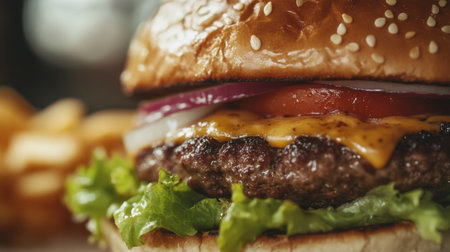 Close-up image of a juicy cheeseburger featuring fresh lettuce, tomato, onion, and melting cheese on a sesame seed bun. Perfect for food lovers!の素材