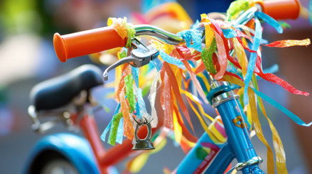 A vibrant and colorful bicycle adorned with streamers and a bell, perfect for evoking feelings of joy and childhood fun during outdoor play activities.の素材