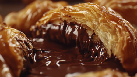 A close-up view of a warm chocolate croissant, showcasing the rich, melted chocolate filling oozing from the flaky pastry, perfect for dessert lovers.の素材