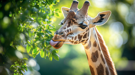 A captivating close-up of a giraffe playfully reaching for green leaves, showcasing its unique features amidst a vibrant and serene natural backdrop.の素材
