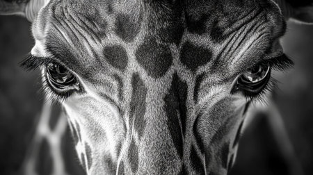 This stunning black and white portrait captures the intense gaze of a giraffe, showcasing its unique patterns and textures. Perfect for wildlife enthusiasts.の素材