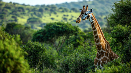 A graceful giraffe stands tall amidst a vibrant green landscape, showcasing its unique features against a serene backdrop of African wildlife.の素材