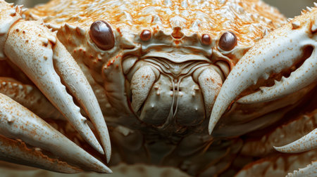 A stunning close-up image capturing the intricate details of a crab. The photograph highlights the unique textures and features of this fascinating marine creature.の素材
