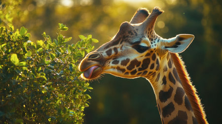 A beautiful portrait of a giraffe enjoying leaves in its natural habitat. The sunlight creates a warm glow, highlighting the unique patterns and features of this majestic creature.の素材