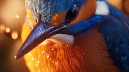 A close-up portrait of a vibrant kingfisher bird showcasing its striking orange and blue feathers, reflecting the beauty of wildlife in its natural habitat.の素材