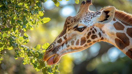 A stunning close-up of a giraffe delicately feeding on leaves, showcasing its unique features and gentle demeanor under beautiful sunlight. Ideal for nature lovers.の素材