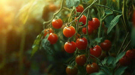 A close-up view of fresh red tomatoes hanging on green vines, illuminated by soft sunlight, showcasing the beauty of nature and harvest. Ideal for food-related themes.の素材