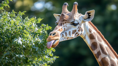A playful giraffe sticks out its tongue while munching on foliage. The close-up captures the unique patterns and features of this gentle giant in a vibrant green setting.の素材