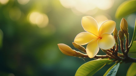 A stunning close-up of a vibrant yellow flower basking in soft natural light, surrounded by lush green foliage, capturing the essence of spring and tranquility.の素材
