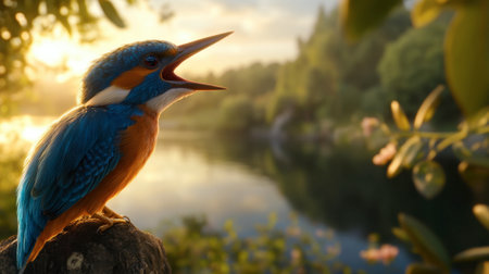 A vibrant kingfisher sings joyfully by the tranquil waterside, capturing the essence of nature's beauty in a serene morning setting. Ideal for wildlife themes.の素材