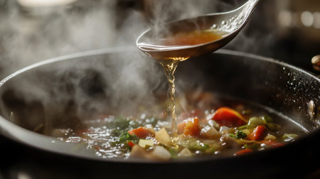A steaming pot of vegetable soup showcases a rich broth being ladled from the pot. This appetizing scene highlights fresh ingredients and a home-cooked feel, perfect for any culinary project.の素材