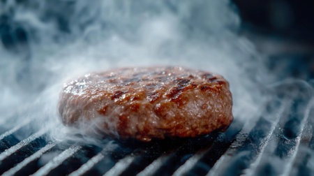 A succulent burger patty sizzling on a grill, enveloped in smoke. Perfect for capturing the essence of cooking and outdoor dining experiences.の素材