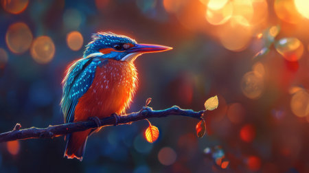 A beautiful bird resting on a branch, illuminated by the warm glow of sunset. The vibrant colors of its feathers contrast with a dreamy background.の素材