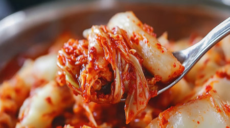 A close-up view of fresh kimchi served in a bowl, showcasing its vibrant colors and spicy flavors. Perfect for culinary inspiration or food presentation.の素材