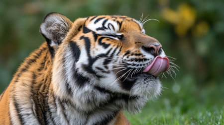 A playful tiger rests in its natural habitat, licking its lips with a relaxed expression. The vibrant colors and intricate stripes highlight the beauty of this majestic wild animal.の素材