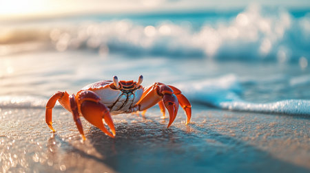A vibrant crab stands on a sandy beach as gentle waves roll in, capturing the essence of marine wildlife and coastal beauty during sunset.の素材