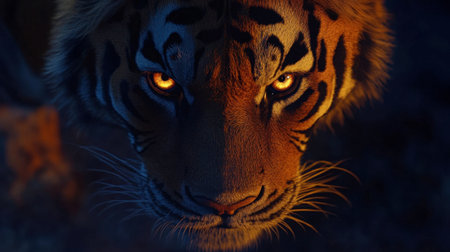 A striking close-up of a majestic tiger with intense eyes set against a low-light backdrop, capturing the wild essence and fierce beauty of this powerful predator.の素材