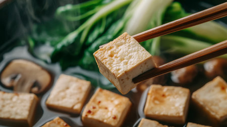 A delectable piece of fresh tofu held by chopsticks above a steaming hot pot filled with vegetables. This image captures the essence of Asian cuisine and comfort food.の素材