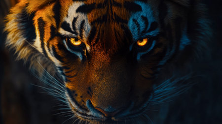 A striking close-up of a fierce tiger, showcasing its intense gaze and vibrant colors against a dark background, capturing the essence of wild beauty.の素材