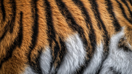 Detailed close-up image showcasing the rich textures and striking patterns of a tiger's fur. The vibrant orange and black stripes create a stunning visual display.の素材