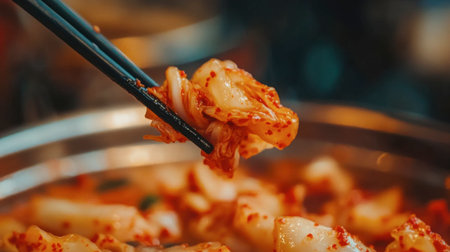 A tantalizing close-up of a spicy dish, expertly picked with chopsticks. This image captures the vibrant colors and textures that entice food lovers.の素材