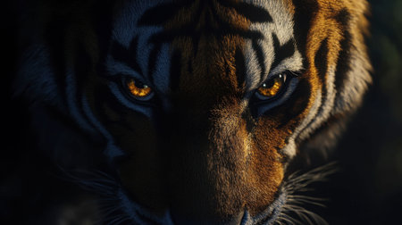 A captivating close-up of a fierce tiger with striking orange and black stripes, showcasing its intense gaze and powerful presence in the wild.の素材
