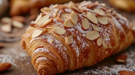A fresh almond croissant dusted with powdered sugar, showcasing a flaky texture and crunchy almond topping. Perfect for breakfast or as a snack.の素材