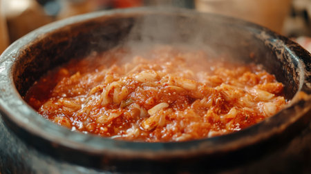 A steaming, hearty dish served in a traditional clay pot showcases vibrant colors and textures. Perfect for capturing the essence of home-cooked meals.の素材