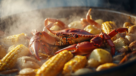 A vibrant seafood dish featuring fresh crab, tender potatoes, and sweet corn, all beautifully cooked together in a steaming pot, perfect for sharing.の素材