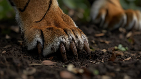 Close-up view of a tiger's paw touching the soil, showcasing the beautiful textures of nature. The image highlights the power and grace of wildlife.の素材