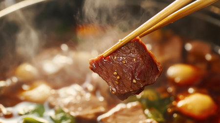 A tantalizing closeup of a steaming beef dish being lifted with chopsticks. The rich flavors and textures make it a perfect gourmet meal.の素材