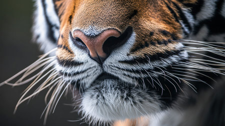 Experience the beauty of a tiger's face in this stunning close-up capture, showcasing intricate details of its fur, whiskers, and fierce gaze in nature.の素材