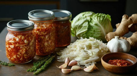 A rustic kitchen scene showcasing jars of preserved vegetables alongside fresh ingredients like garlic, ginger, and cabbage, perfect for culinary inspiration.の素材