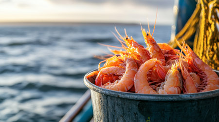 A close-up view of freshly caught shrimp in a bucket on a fishing boat, showcasing the vibrant colors of seafood with a beautiful ocean backdrop.の素材