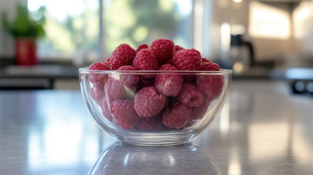 A close-up view of fresh raspberries in a clear bowl, displayed on a kitchen counter. This vibrant fruit captures the essence of healthy eating and culinary creativity.の素材